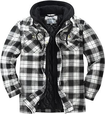 Fozexi Men's Full Zip Hooded Flannel Jacket Button Cotton Plaid Jacket Outdoor Coat for Men