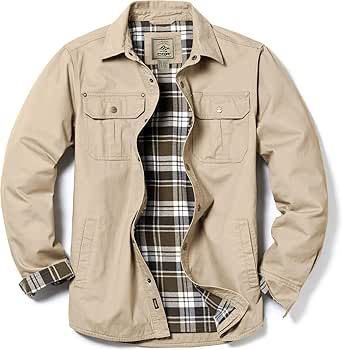 CQR Men's Twill All Cotton Flannel Lined Shirt Jacket, Soft Brushed Outdoor Shirt Jacket