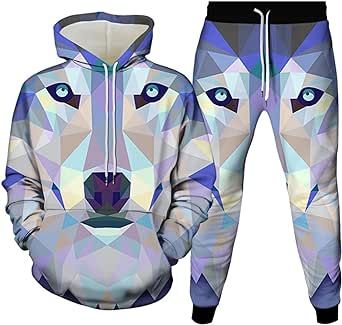 Raczdkop Colorful Graphic Hoodies 3D Digital Wolf Printed Pullover Cool Sweatshirt Pants 2 Piece Suit for Men Women