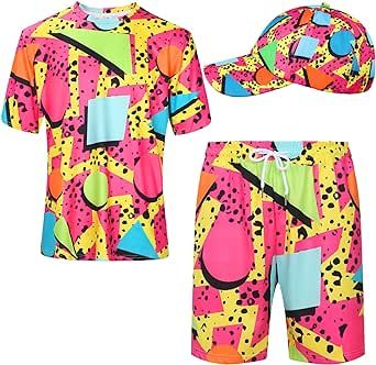 Men's 2 Pieces 80s 90s Outfit Retro Shirts and Shorts Set with Baseball Cap Hawaiian Summer Tracksuit for Summer Disco Party