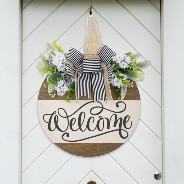 1pc Crafting 12 Inches Welcome Sigh For Front Door Big Wooden Wreath Welcome Wreath Farmhouse Front Door Decoration Housewarming Gift for Home Outdoor