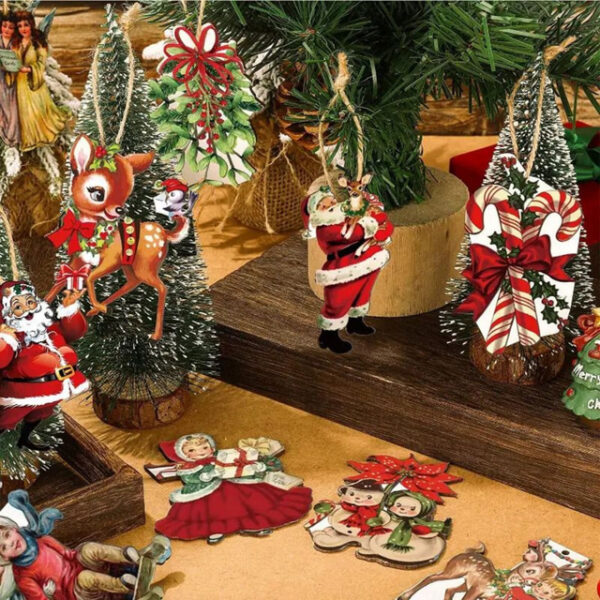 20pcs Christmas Tree Ornaments Xmas Wooden Santa Claus Christmas Crutches Green Garland Hanging Decoration Pendant For Outdoor Festival Party Gift (wi