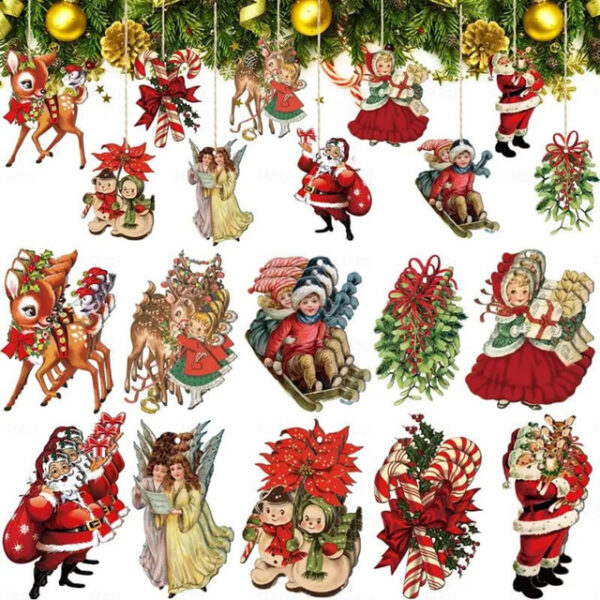 20pcs Christmas Tree Ornaments Xmas Wooden Santa Claus Christmas Crutches Green Garland Hanging Decoration Pendant For Outdoor Festival Party Gift (wi