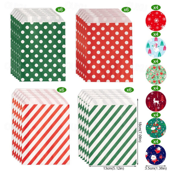 24pcs, Christmas Candy Bags, Red And Green Wavy Twill Kraft Paper Bags, Christmas Party Gift Bags, Including Sticker Sets, Navidad, Christmas Decorati