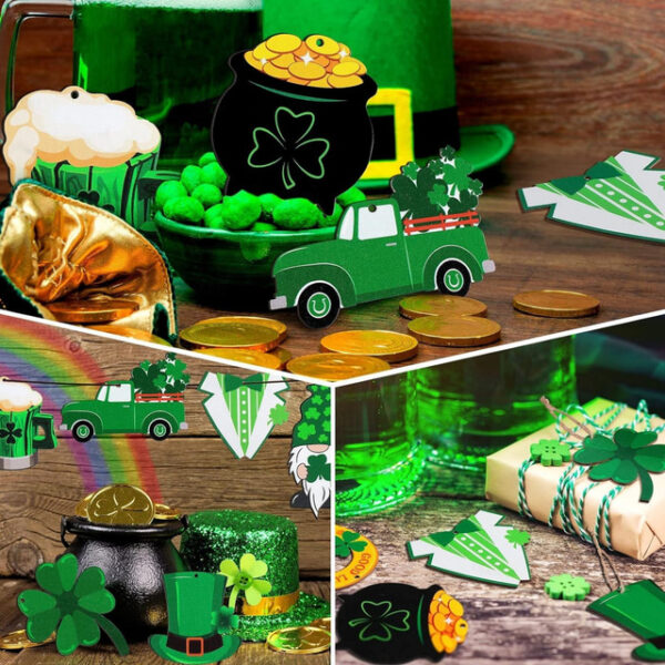 24pcs St. Patrick's Day Ornaments Wooden St. Patricks Day Decorations Lucky Hanging Ornament Hanging Wishes Craft for Tree Shamrock Wall Decoration 8