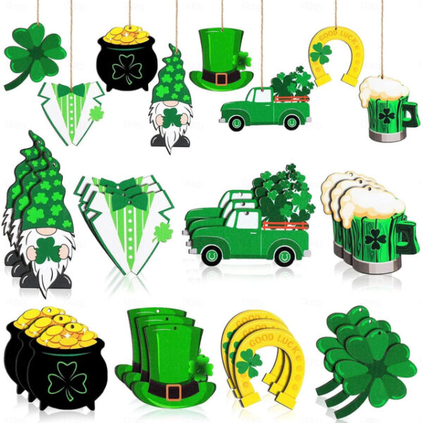 24pcs St. Patrick's Day Ornaments Wooden St. Patricks Day Decorations Lucky Hanging Ornament Hanging Wishes Craft for Tree Shamrock Wall Decoration 8