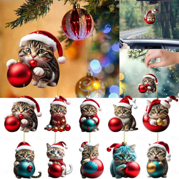 Christmas Cat Ornament,Acrylic 2D Flat Printed Xmas Tree Ornament and Car Rear View Mirror Accessories for Cat Lover 2025 - US $2.99