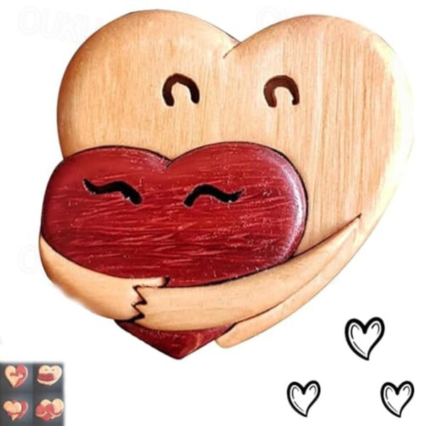 Loving Hearts Wood Intarsia Pinback Button, Pocket Hug Wooden Ornaments, Handmade Love Button Pin, Vintage Heart Brooch for Backpacks Clothes Hats, Gi