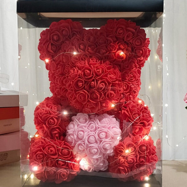 Rose Bear Artificial Foam Flowers with LED Light & Plastic Gift Box- Perfect Romantic Gift for Mother's Day, Anniversary, Wedding, Birthday, Thanksgiv