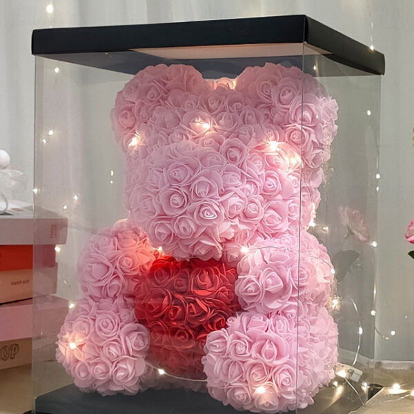 Rose Bear Artificial Foam Flowers with LED Light & Plastic Gift Box- Perfect Romantic Gift for Mother's Day, Anniversary, Wedding, Birthday, Thanksgiv