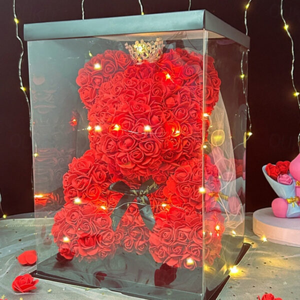 Rose Bear Artificial Foam Flowers with LED Light & Plastic Gift Box- Perfect Romantic Gift for Mother's Day, Anniversary, Wedding, Birthday, Thanksgiv