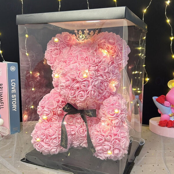 Rose Bear Artificial Foam Flowers with LED Light & Plastic Gift Box- Perfect Romantic Gift for Mother's Day, Anniversary, Wedding, Birthday, Thanksgiv