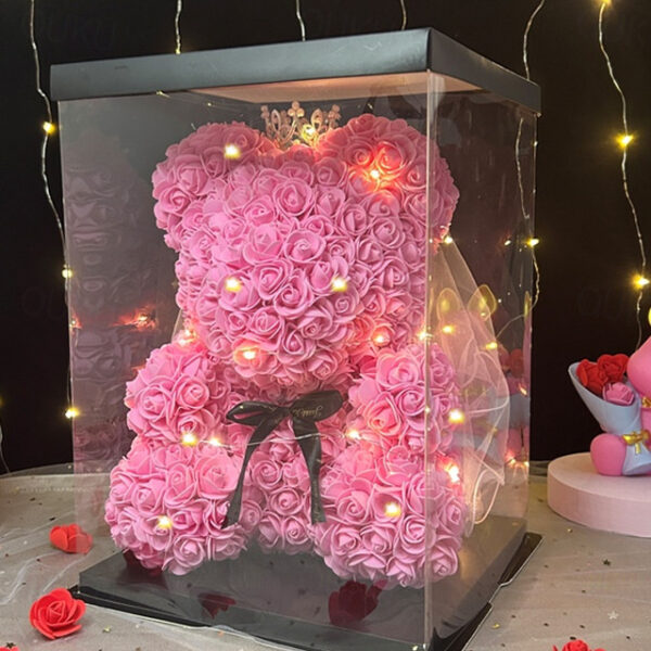 Rose Bear Artificial Foam Flowers with LED Light & Plastic Gift Box- Perfect Romantic Gift for Mother's Day, Anniversary, Wedding, Birthday, Thanksgiv