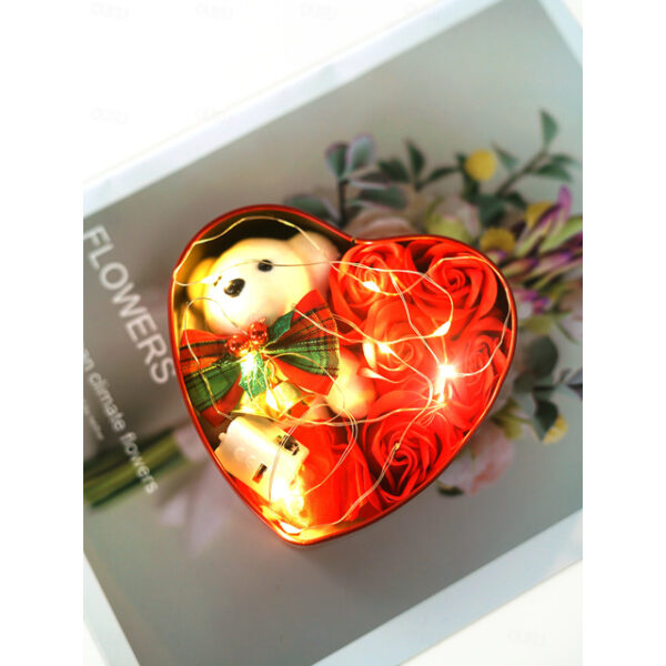 Valentine's Day Gift Set - Heart-shaped Tin Box with 5 Soap Flowers, Teddy Bear, Christmas Bow & Bells - Romantic Present for Girlfriend, Holiday Part